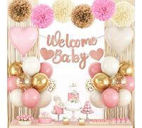 Dusty Pink Baby Shower Decorations with Glitter Welcome Baby Banner | Dusty Pink Balloons Fringe Curtains Paper Pom Poms Flowers Tassels for Boho Baby Shower Gender Reveal Party Supplies