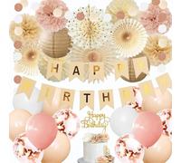 Dusty Pink Beige Boho Birthday Decorations for Women Girls Neutral Balloons Happy Birthday Banner Beige Dusty Pink Boho Tissue Paper Pom Poms Fans Rustic Birthday Party Decor
