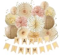 Dusty Pink Birthday Decorations Neutral Happy Birthday Decorations Boho Beige Dusty Rose Paper Fans Pom Poms Paper Lanterns for Women Girl Beige Rustic Party Decor