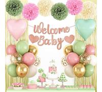 Dusty Pink Green Gold Baby Shower Decorations,Welcome Baby Banner with Sand White Sage Green Balloons Fringe Curtains Paper Pom Poms Flowers Tassels for Boho Baby Shower Gender Reveal Party Supplies