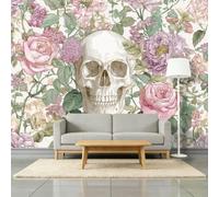 Dusty Pink Photo Mural Wallpaper 200W x 140H cm, Vintage Skull Botanical Floral Durable Non-Woven Wall Art for Living Room Office Nursery Playroom - Pink Tear-Resistant Wallpaper Poster