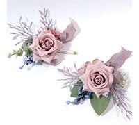 Dusty Pink Wrist Corsage Boutonniere Rose Flower Set Dirty Pink Ribbon for Wedding Bride Bridesmaid Groom Groomsmen Parents Lapel Pocket Flower for Prom Homecoming Formal Dinner Father Daughter Dance