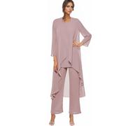 Dusty Rose 3 Pieces Chiffon Mother of The Bride Pant Suits for Wedding Guest - Formal Evening Mother of The Bride Trouser Suits Mother of The Bride Outfits with Jacket Size UK20