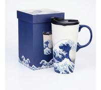 DUSVALLY 17oz Ceramic Travel Coffee Mug with Lid, The Great Wave Off Kanagawa Print, Microwave & Dishwasher Safe, Gift-Ready