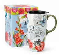 DUSVALLY 17oz Ceramic Travel Mug with Lid and Handle, Butterfly Floral Coffee Mug with Bible Verse, Microwave & Dishwasher Safe, Gift Box Included