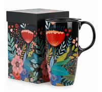 DUSVALLY 17oz Ceramic Travel Mug with Lid - Black and Floral Large Coffee Cup, Porcelain to-Go Latte Tea Cup with Gift Box for Car & Office