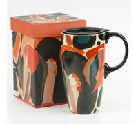 DUSVALLY 17oz Ceramic Travel Mug with Lid - Porcelain Latte Cup, Large Coffee Mug with Handle for Home Office, Art Doodle