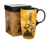 DUSVALLY 17oz Ceramic Travel Mug with Lid, Vintage Sailing Ship Coffee Mug