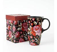 DUSVALLY 500ml Ceramic Travel Mug with Lid, Embroidered Floral Coffee Mug, Large Tea Cup with Handle, Microwave & Dishwasher Safe, Gift Box Included