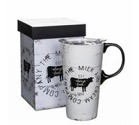 DUSVALLY 500ml Ceramic Travel Mug with Lid, Farmhouse Cow Coffee Mug with Handle, Rustic Country Kitchen Tea Cup, Microwave & Dishwasher Safe, Gift Box Included