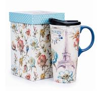 DUSVALLY 500ml Ceramic Travel Mug with Lid, Paris Eiffel Tower Floral Mug