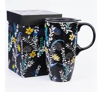 DUSVALLY 500ml Floral Ceramic Mug with Lid, Black Botanical Coffee Mug, Wildflower Tea Cup with Handle, Microwave & Dishwasher Safe, Gift Box Included