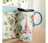 DUSVALLY Ceramic Coffee Mug Porcelain Latte Tea Cup with Lid,Handle and Gift Box Latte Mug,17oz.Paris Tower