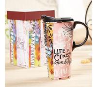 DUSVALLY Ceramic Coffee Mug with Lid Porcelain Cup with Color Box 17oz.Life Crazy Wonderful