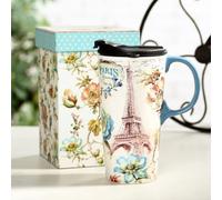 DUSVALLY Ceramic Mug Coffee Mug Porcelain Latte Tea Cup with Lid,Handle and Gift Box Latte Mug,17oz.Paris Tower