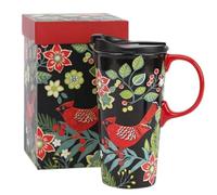 DUSVALLY Ceramic Mug Coffee Mug with Lid and Handle Porcelain Cup with Box 17oz.Red Bird
