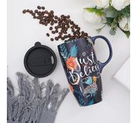 DUSVALLY Ceramic Mug Large Coffee Cup Tall Mugs Porcelain Latte Tea Cup with Lid 17oz,Just Believe