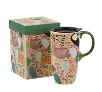 DUSVALLY Ceramic Travel Mug with Handle, Splash-Resistant Slider Lid, Perfect for Coffee and Tea, Microwave & Dishwasher Safe, Animal Tea Mug