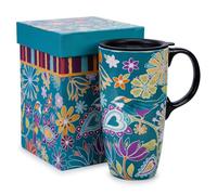 DUSVALLY Ceramic Travel Mug with Lid, 500ml/17oz Boho Floral Coffee Mug with Handle, Teal Bird & Flower Design Tea Cup, Microwave & Dishwasher Safe, Matching Gift Box