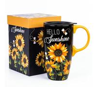 DUSVALLY Ceramic Travel Mug with Lid, 500ml/17oz Hello Sunshine Sunflower Coffee Mug with Handle, Bee Floral Tea Cup, Microwave & Dishwasher Safe, Matching Gift Box
