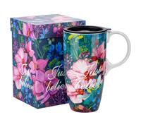 DUSVALLY Ceramic Travel Mug with Lid, 500ml/17oz Large Coffee Mug with Handle, Elegant Botanical Floral Design, Microwave & Dishwasher Safe, Gift Box Included