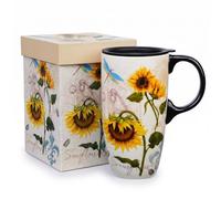 DUSVALLY Ceramic Travel Mug with Lid, 500ml/17oz Large Coffee Mug with Handle, Vintage Botanical Sunflower Design, Microwave & Dishwasher Safe, Gift Box Included