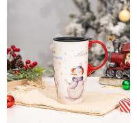 DUSVALLY Christmas Ceramic Mug with Lid - 17oz Large Snowman Themed Coffee Cup, Gift Box Included