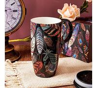DUSVALLY Coffee Ceramic Mugs Travel Coffee Mug Porcelain Latte Tea Cup with Lid and Gift Box 17oz.Tall Coffee Mug, Feathers