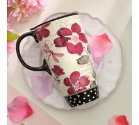DUSVALLY Floral Ceramic Mug 17oz - Red Flower Design Tall Coffee Cup with Lid, Elegant Porcelain Travel Mug for Tea & Latte