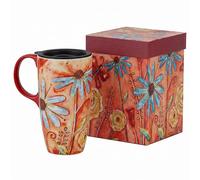 DUSVALLY Tall 500ml 17oz Orange Floral Butterfly Ceramic Coffee Mug with Spill Resistant Lid, Boho Art Porcelain Cup, Microwave & Dishwasher Safe with Matching Gift Box