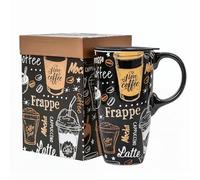 DUSVALLY Topadorn 17oz Ceramic Travel Mug with Lid, Coffee-Themed Chalkboard Design, Reusable Tea Cup, Microwave & Dishwasher Safe, Gift Box Included
