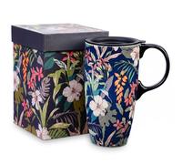 DUSVALLY Topadorn 17oz Ceramic Travel Mug with Lid, Tropical Hibiscus Coffee Mug, Floral Tea Cup, Microwave & Dishwasher Safe, Gift Box Included
