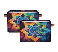 Dusviba Abstract Ancient Geometric Pattern Rectangular Storage Basket with Leather Handles, 2 Pack Foldable Fabric Storage Bin for Closet Bathroom Living Room Office Toy Organizer Laundry Basket