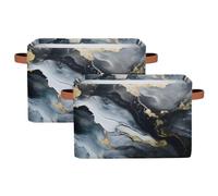 Dusviba Abstract Black Gold Marble Print Rectangular Storage Basket with Leather Handles, 2 Pack Foldable Fabric Storage Bin for Closet Bathroom Living Room Office Toy Organizer Laundry Basket