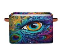 Dusviba Abstract Eye Peacock Feather Rectangular Storage Basket with Leather Handles, Foldable Fabric Storage Bin for Closet Bathroom Living Room Office Toy Organizer Laundry Basket