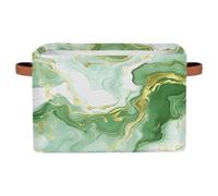 Dusviba Abstract Green Gold Marble Print Rectangular Storage Basket with Leather Handles, Foldable Fabric Storage Bin for Closet Bathroom Living Room Office Toy Organizer Laundry Basket