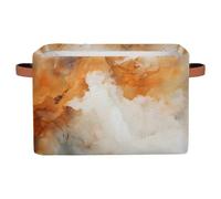 Dusviba Abstract Orange White Marble Print Rectangular Storage Basket with Leather Handles, Foldable Fabric Storage Bin for Closet Bathroom Living Room Office Toy Organizer Laundry Basket
