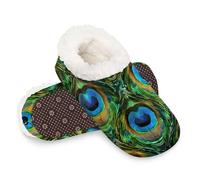 Dusviba Abstract Peacock Feathers Pattern Slippers for Women Men, Warm Fuzzy Indoor House Shoes with Non-Slip Sole, Cozy Plush Winter Home Bedroom Slippers for Office Travel Hotel Gifts Size L