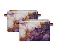 Dusviba Abstract Purple Gold Marble Print Rectangular Storage Basket with Leather Handles, 2 Pack Foldable Fabric Storage Bin for Closet Bathroom Living Room Office Toy Organizer Laundry Basket
