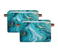 Dusviba Abstract Teal And Blue Marble Print Rectangular Storage Basket with Leather Handles, 2 Pack Foldable Fabric Storage Bin for Closet Bathroom Living Room Office Toy Organizer Laundry Basket
