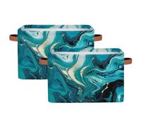 Dusviba Abstract Teal Blue Marble Print Rectangular Storage Basket with Leather Handles, 2 Pack Foldable Fabric Storage Bin for Closet Bathroom Living Room Office Toy Organizer Laundry Basket