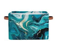 Dusviba Abstract Teal Blue Marble Print Rectangular Storage Basket with Leather Handles, Foldable Fabric Storage Bin for Closet Bathroom Living Room Office Toy Organizer Laundry Basket