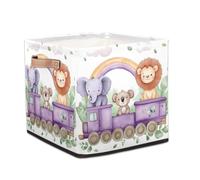 Dusviba Animals Train Elephant Koala Lion Foldable Storage Cube with Leather Handle, Fabric Organizer Collapsible Laundry Basket for Closet Bedroom Nursery Office Toy Storage 33x33x33 CM