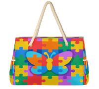 Dusviba Autism Jigsaw Puzzle Butterfly Large Beach Tote Bag with Zipper Waterproof Sandproof Beach Bag with Rope Handles Multiple Pockets for Women Travel Pool Gym Family Vacation Essentials