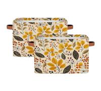 Dusviba Autumn Fall Leaves Berry Rectangular Storage Basket with Leather Handles, 2 Pack Foldable Fabric Storage Bin for Closet Bathroom Living Room Office Toy Organizer Laundry Basket