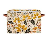 Dusviba Autumn Fall Leaves Berry Rectangular Storage Basket with Leather Handles, Foldable Fabric Storage Bin for Closet Bathroom Living Room Office Toy Organizer Laundry Basket