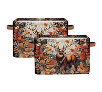 Dusviba Autumn Maple Animal Deer Rectangular Storage Basket with Leather Handles, 2 Pack Foldable Fabric Storage Bin for Closet Bathroom Living Room Office Toy Organizer Laundry Basket