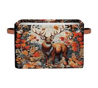 Dusviba Autumn Maple Animal Deer Rectangular Storage Basket with Leather Handles, Foldable Fabric Storage Bin for Closet Bathroom Living Room Office Toy Organizer Laundry Basket
