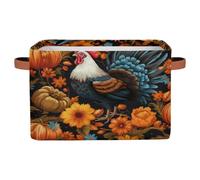 Dusviba Autumn Pumpkin Rooster Rectangular Storage Basket with Leather Handles, Foldable Fabric Storage Bin for Closet Bathroom Living Room Office Toy Organizer Laundry Basket