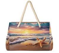 Dusviba Beach Sunset Starfish Large Beach Tote Bag with Zipper Waterproof Sandproof Beach Bag with Rope Handles Multiple Pockets for Women Travel Pool Gym Family Vacation Essentials